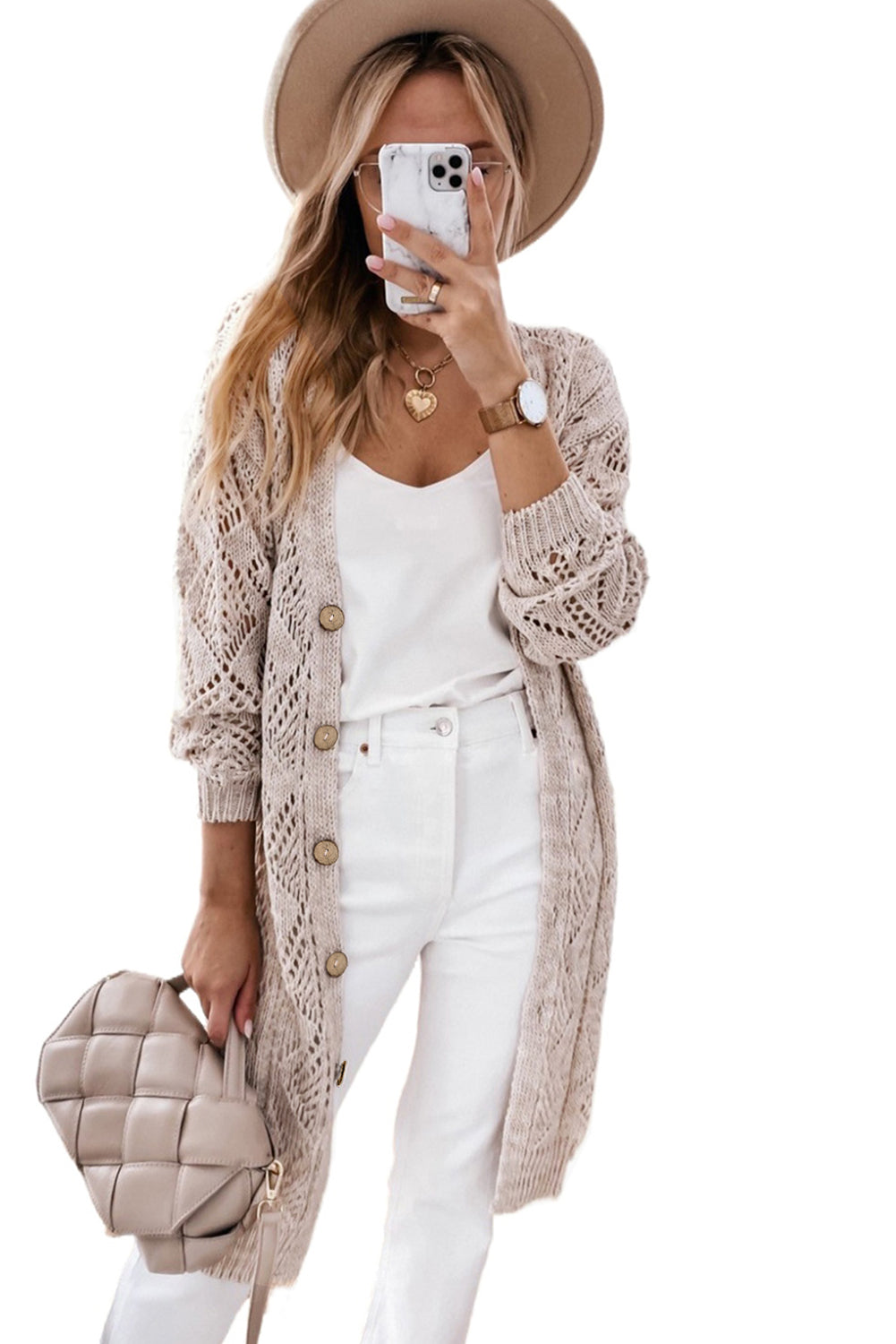 Hollow-Out Openwork Knit Cardigan | Khaki