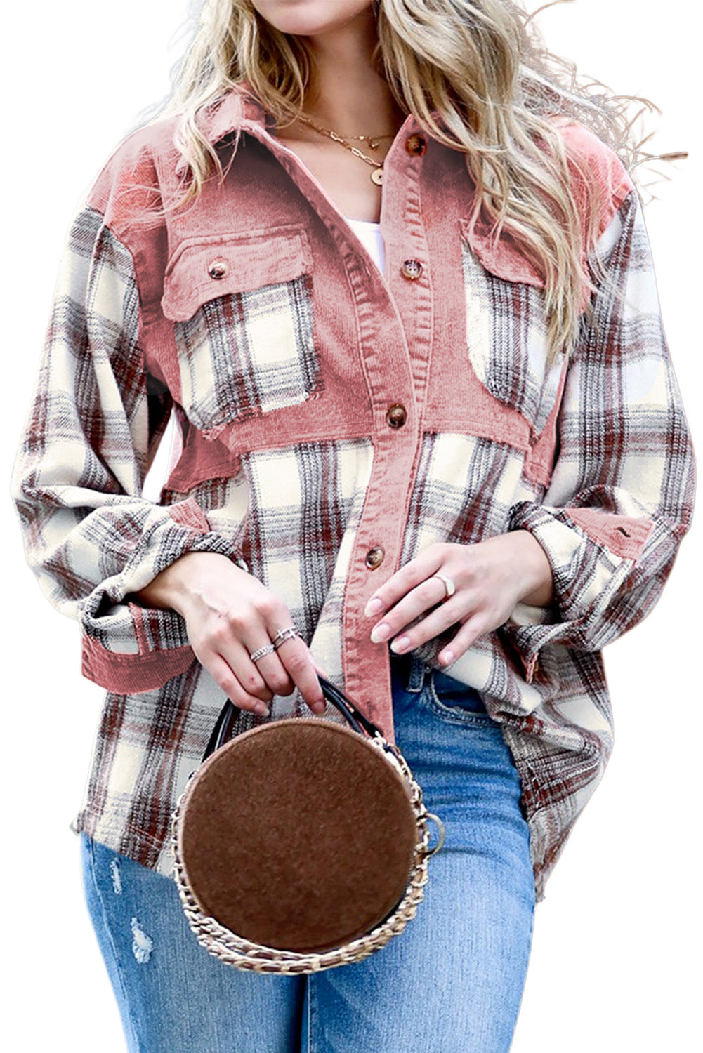 Plaid Corded Patchwork Flap Pocket Shacket | Brown