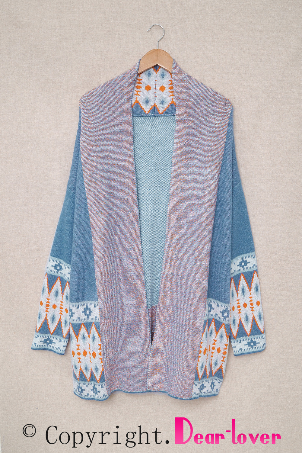 Aztec Print Open Front Knitted Cardigan | Blue