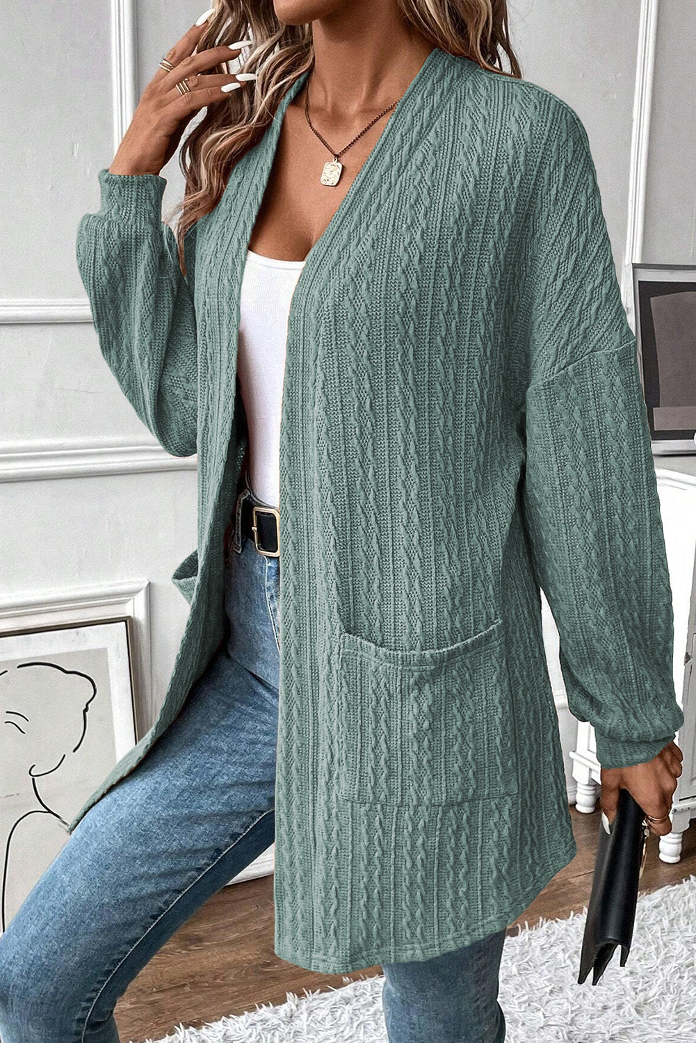 Textured Knit Side Pockets Open Front Cardigan | Canton