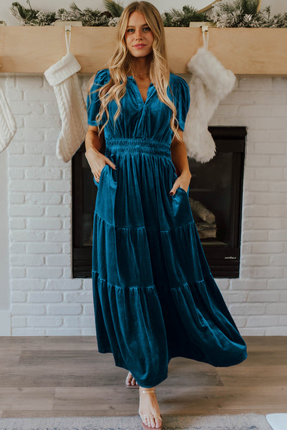 Velvet Short Sleeve Shirred Waist Tiered Maxi Dress | Prussian Blue