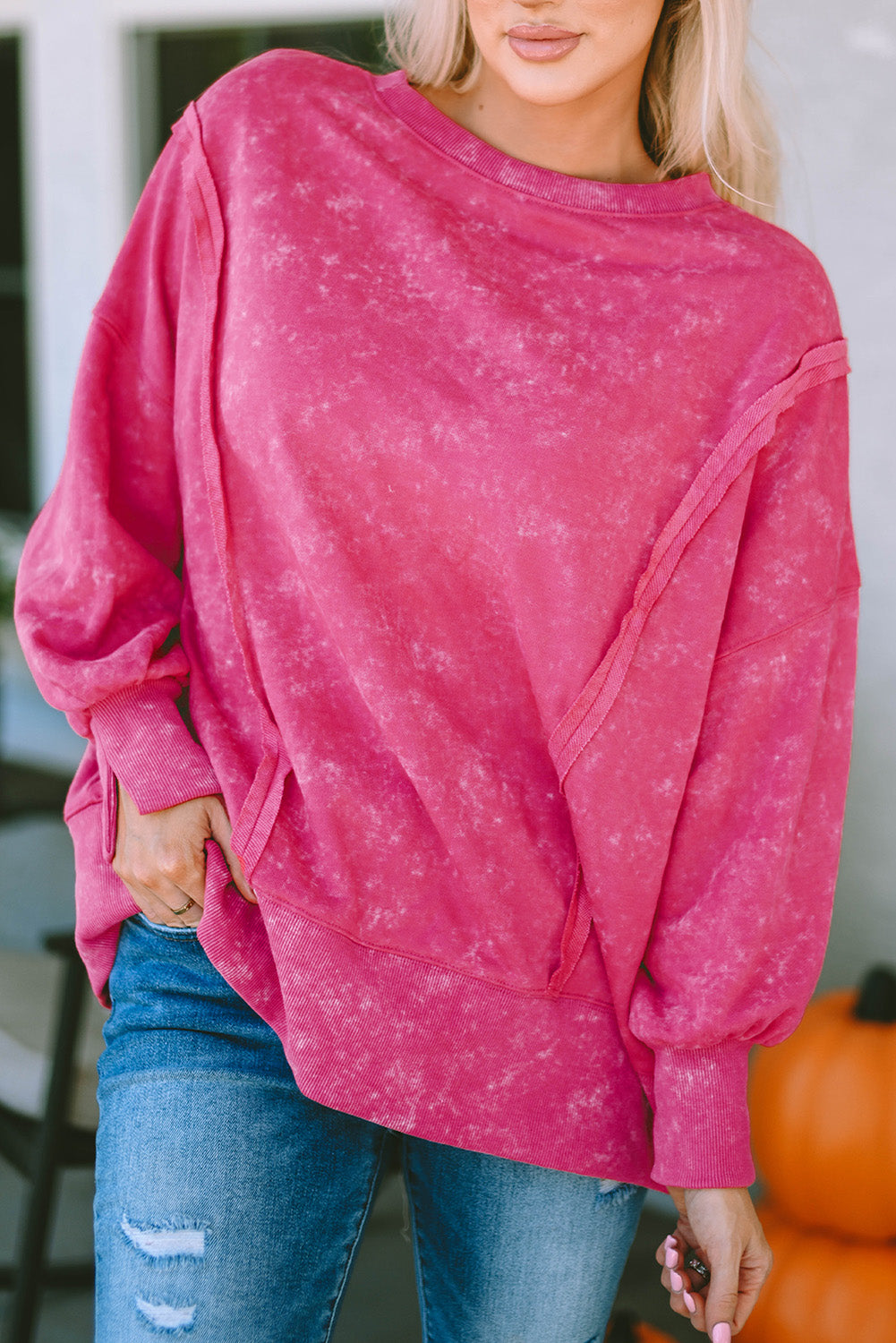 Acid Wash Relaxed Fit Seamed Pullover Sweatshirt With Slits | Rose