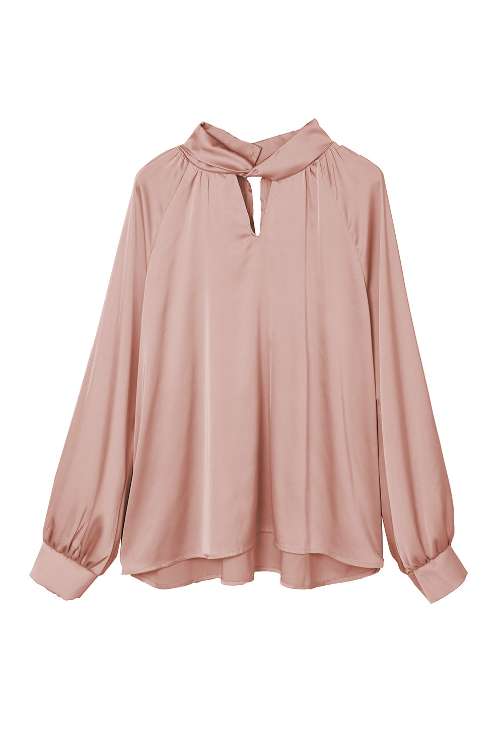 Twist High Neck Puff Sleeve Satin Blouse | Pink