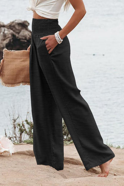 Shirred High Waist Plus Size Wide Leg Pants | Black