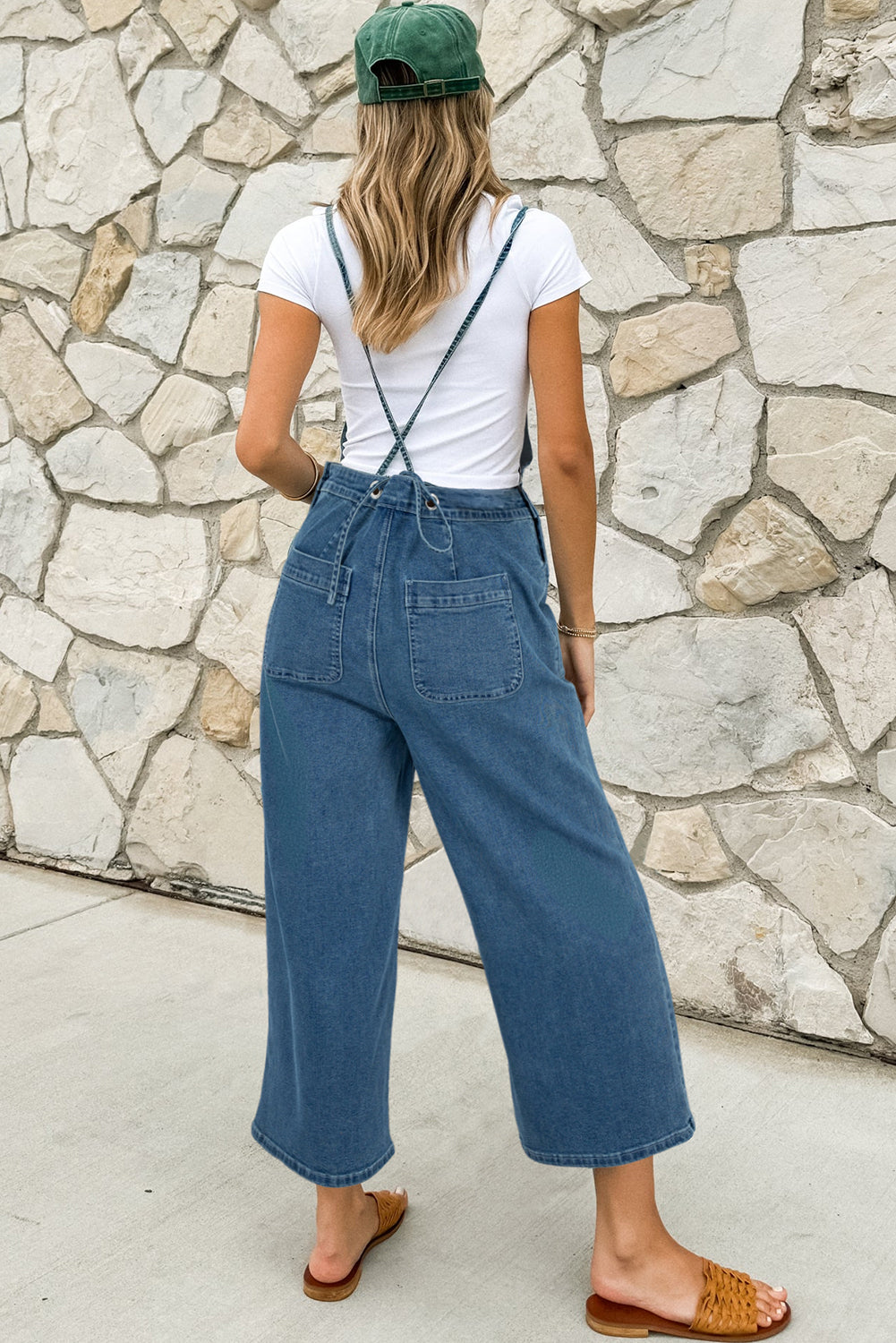 Adjustable Tie Straps Cropped Wide Leg Denim Overalls | Dusk Blue