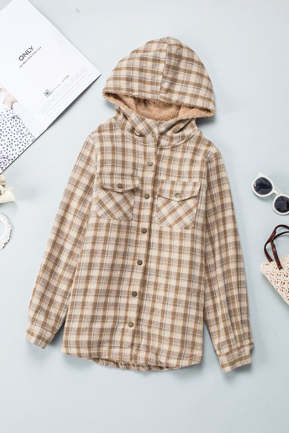 Plaid Pattern Sherpa Lined Hooded Shacket | Khaki