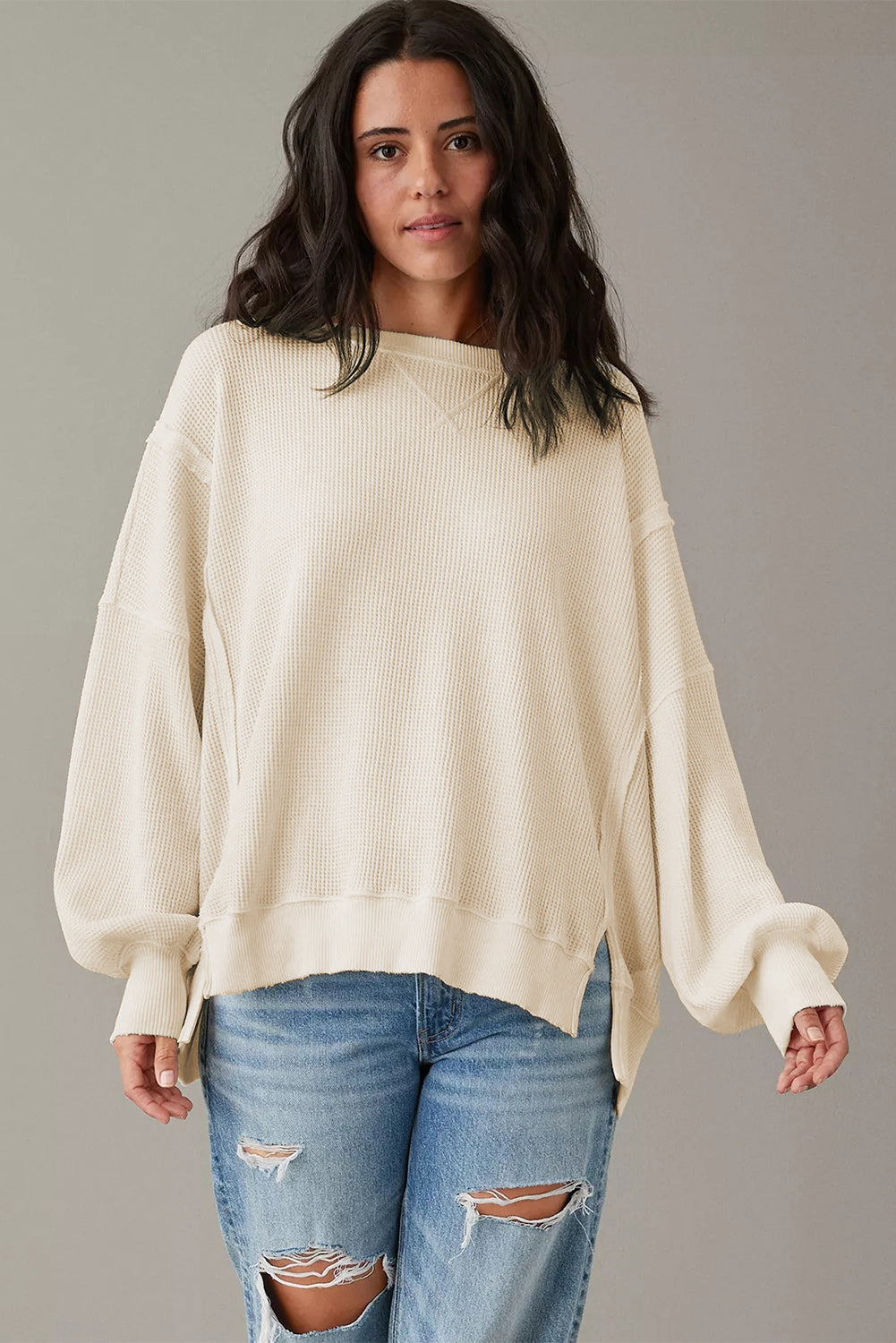 Waffle Knit Bishop Sleeve Split Oversized Top | White