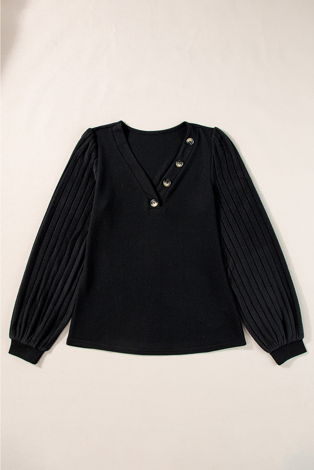 Buttoned V Neck Ribbed Puff Sleeve Top | Black