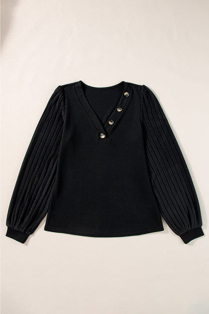 Buttoned V Neck Ribbed Puff Sleeve Top | Black