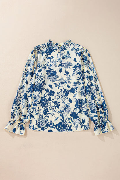 Floral Print Flounce Sleeve Keyhole Back Blouse | Sky Blue