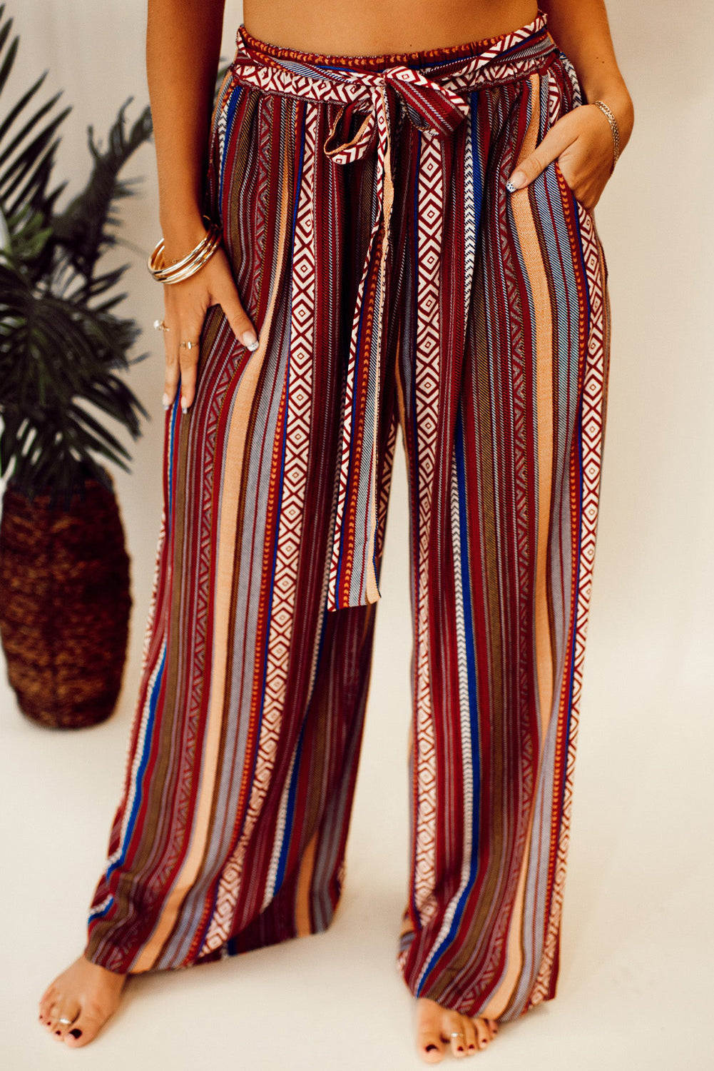 Boho Ethnic Striped Print Tie Waist Wide Leg Pants | Red