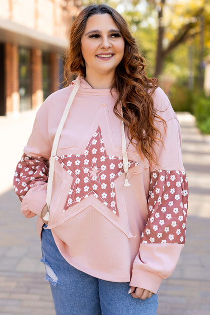 Star Patch Graphic Floral Colour Block Drawstring Plus Size Hoodie | Delicacy