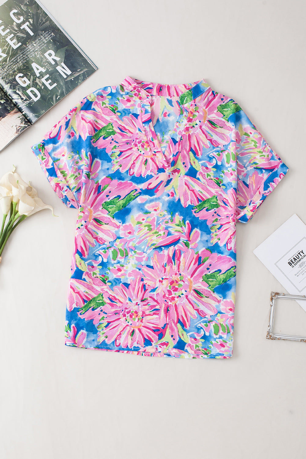 Abstract Floral Print Notch V Neck Rolled Short Sleeve Blouse | Pink