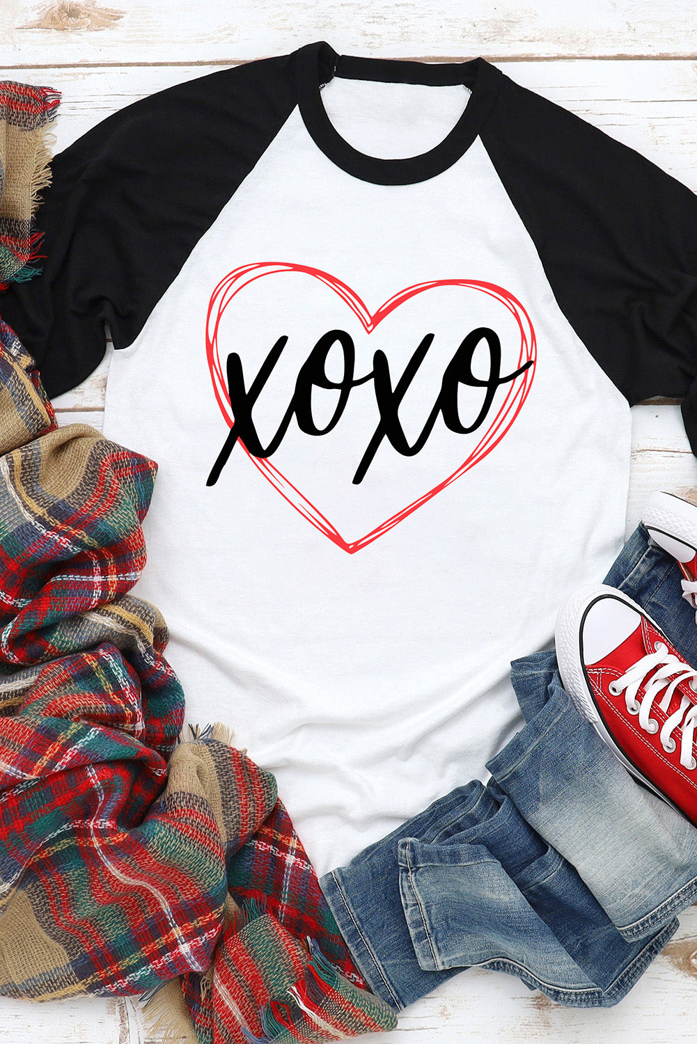 Xoxo Heart Graphic Contrast Long Sleeve Tee | Black