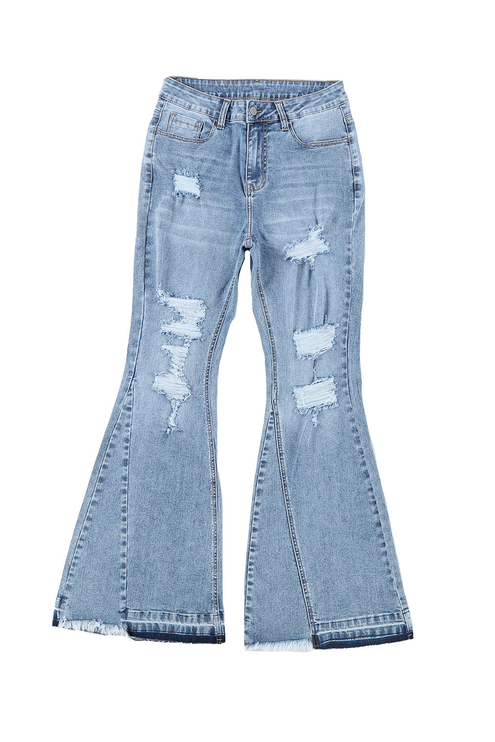 Light Wash Distressed High Rise Flare Jeans | Sky Blue