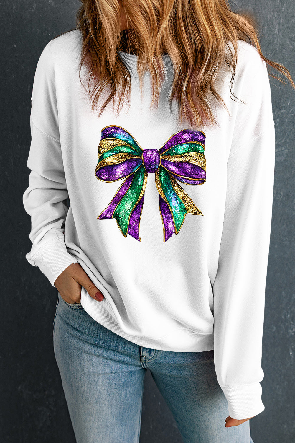 Mardi Gras Bow Graphic Drop Shoulder Sweatshirt | White