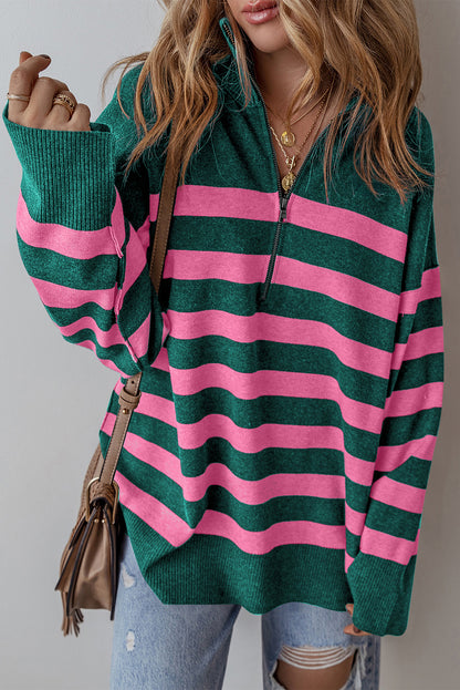 Collared Quarter Zipper Oversized Sweater | Green