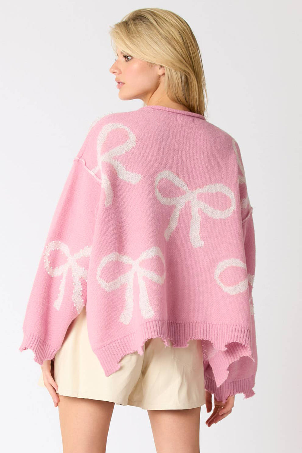 Pearl Beaded Bowknot Pattern Distressed Split Hem Sweater | Pink