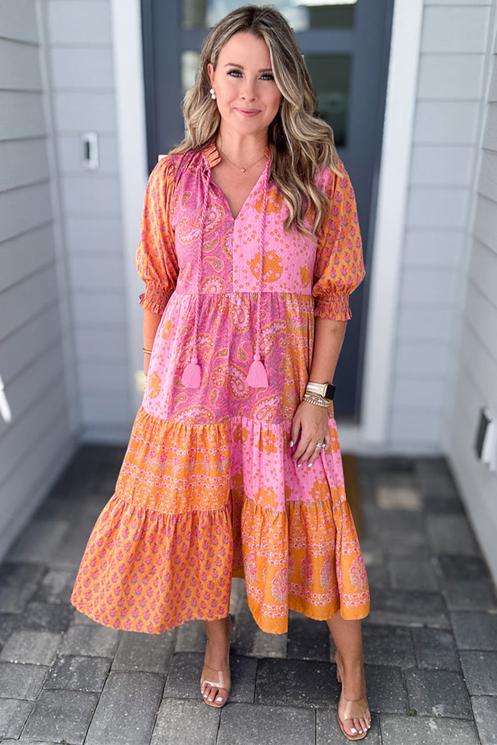 Boho Paisley Floral Mixed Patchwork Tassel Tie Plus Size Midi Dress | Pink