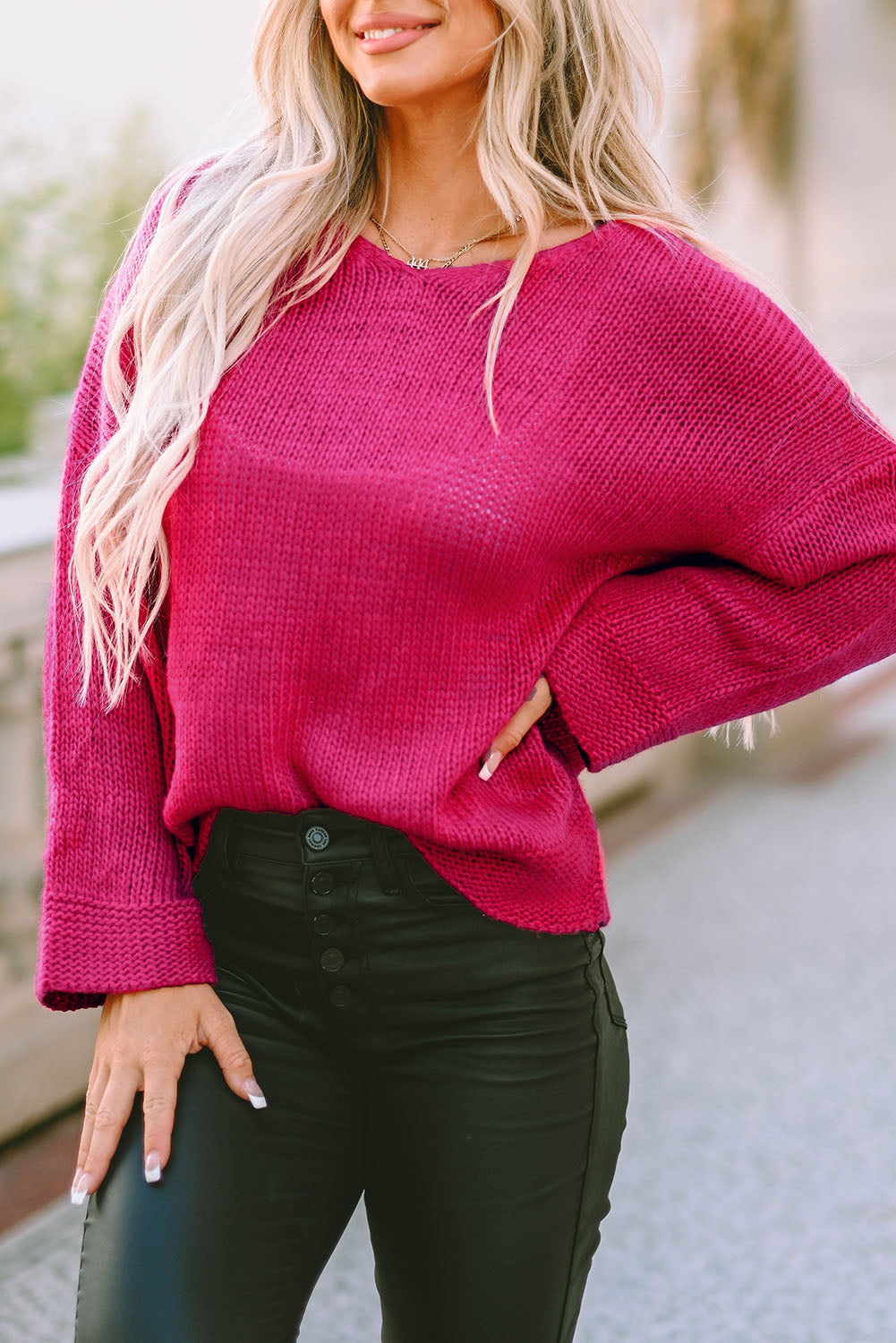 Loose Knitted V Neck Sweater | Rose