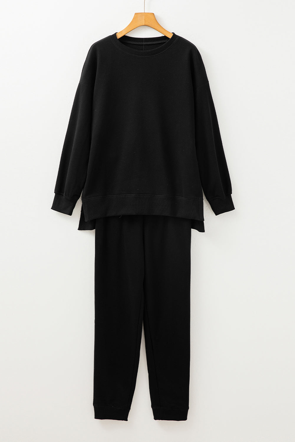 Solid Colour High Low Pullover And Skinny Pants Set | Black