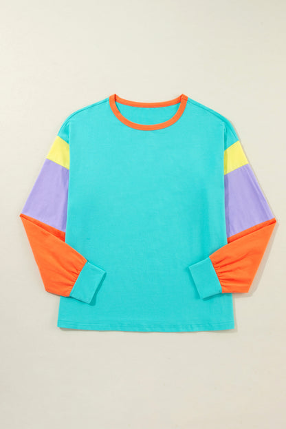 Colourblock Patchwork Long Sleeve Loose Top | Light Blue