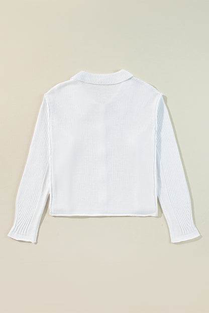 Collared Button-Up Loose Fit Casual Sweater | White