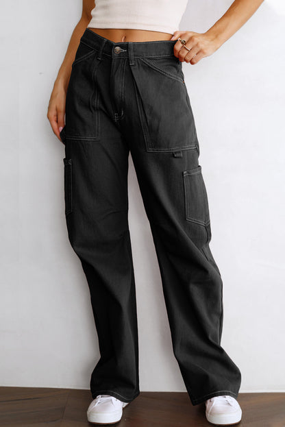 High Waist Straight Leg Cargo Pants With Pockets | Black