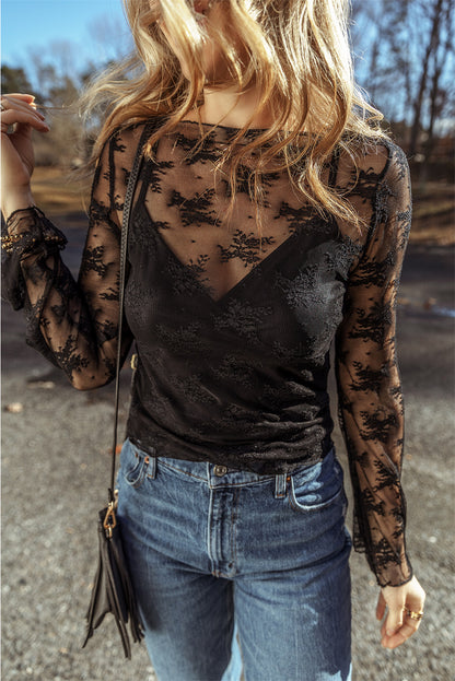 Lace Mesh Crochet Splicing Slim Fit Long Sleeve Blouse | Black