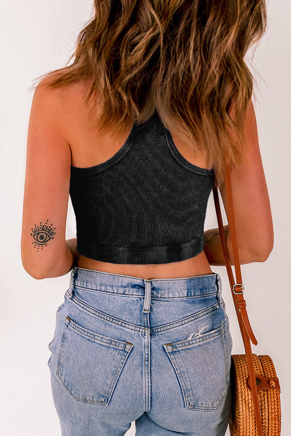 Ribbed Mineral Wash Racerback Cropped Tank Top | Black