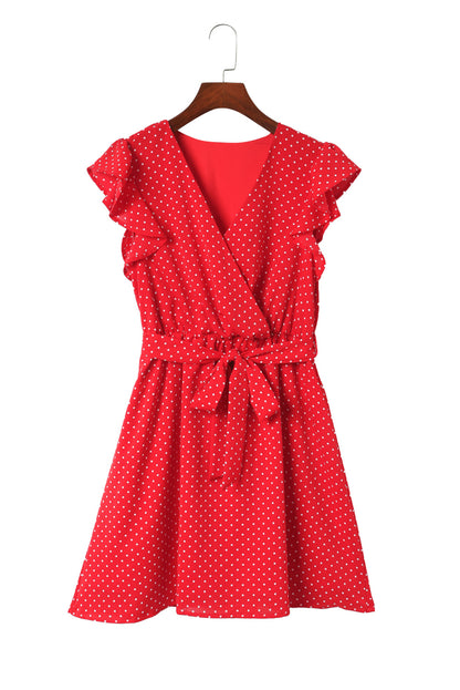 Fiery  Polka Dot V Neck Ruffle Sleeve Dress | Red