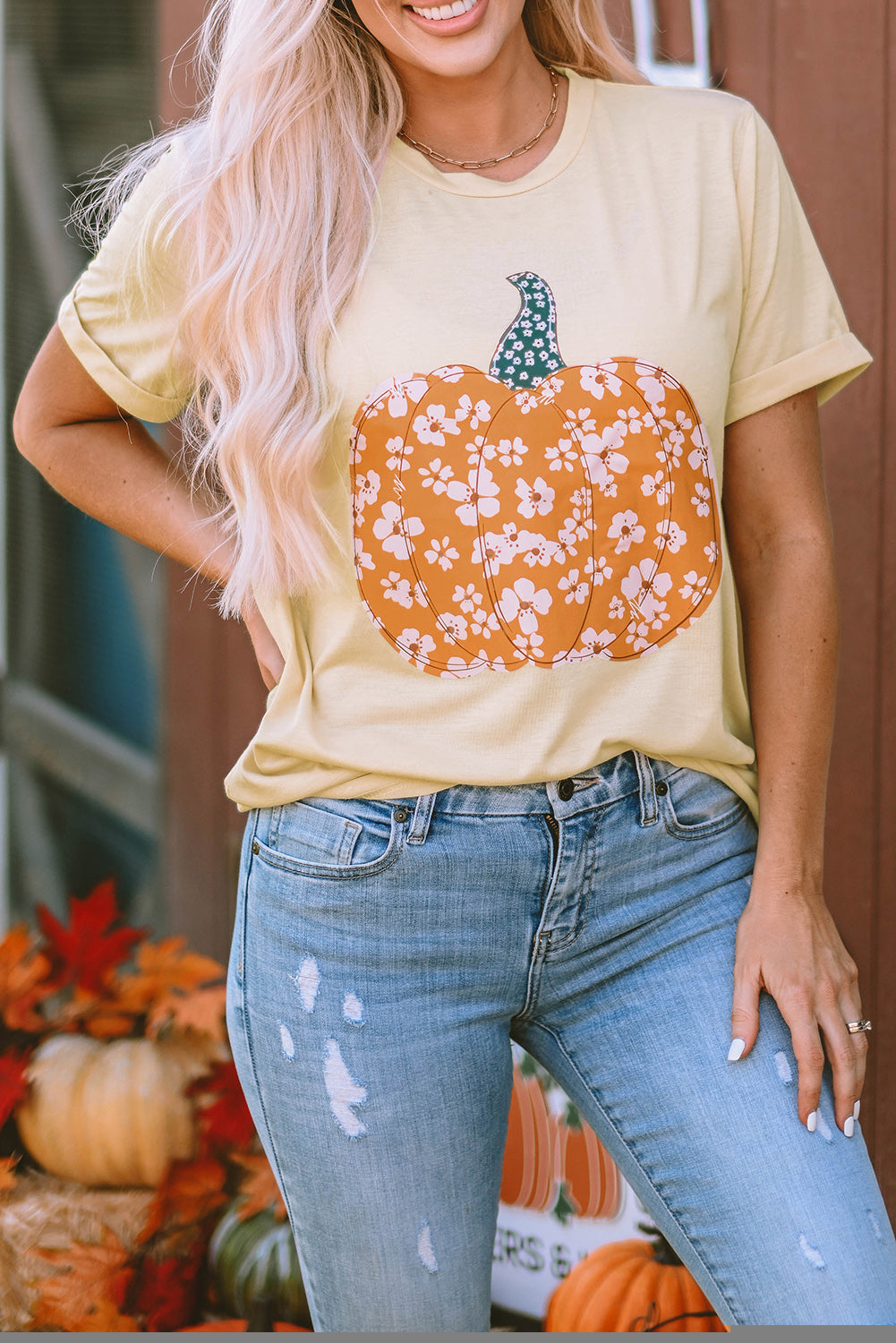 Sweet Floral Pumpkin Graphic Tee | Khaki