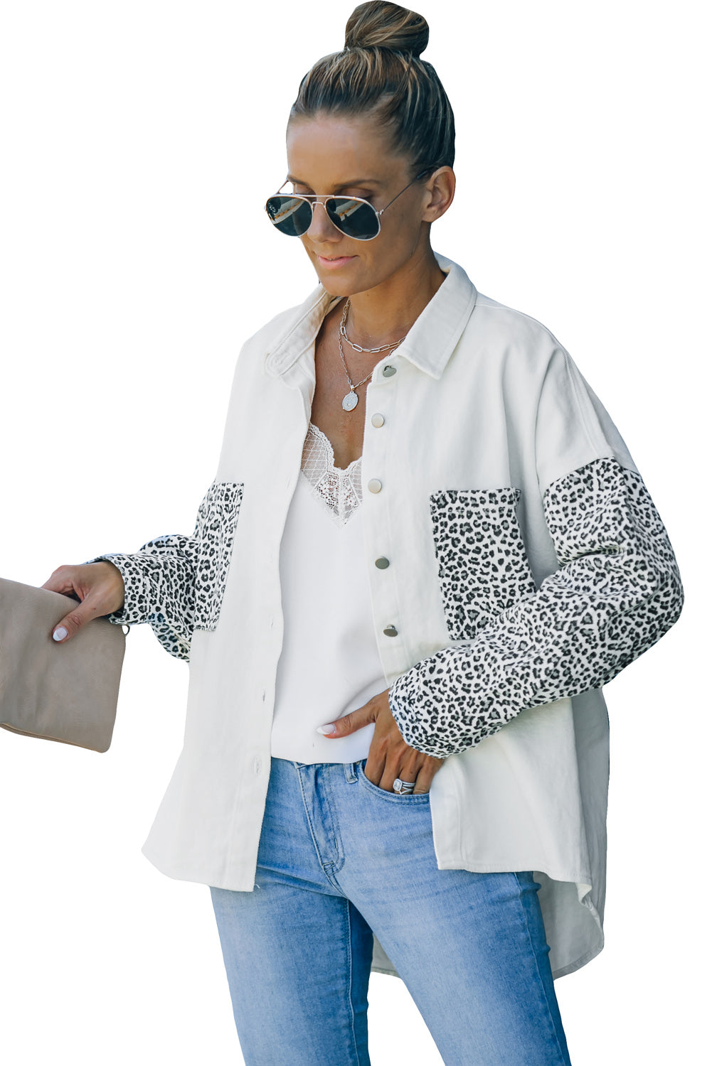 Contrast Leopard Denim Jacket | White