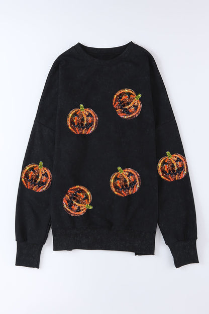 Sequined Jack O Lantern Split Hem Baggy Sweatshirt | Black