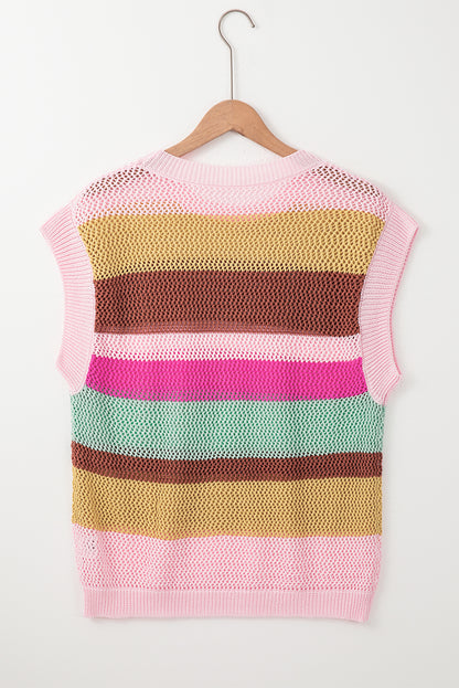 Crochet Cap Sleeve Loose Fit Sweater T Shirt | Pink Stripe