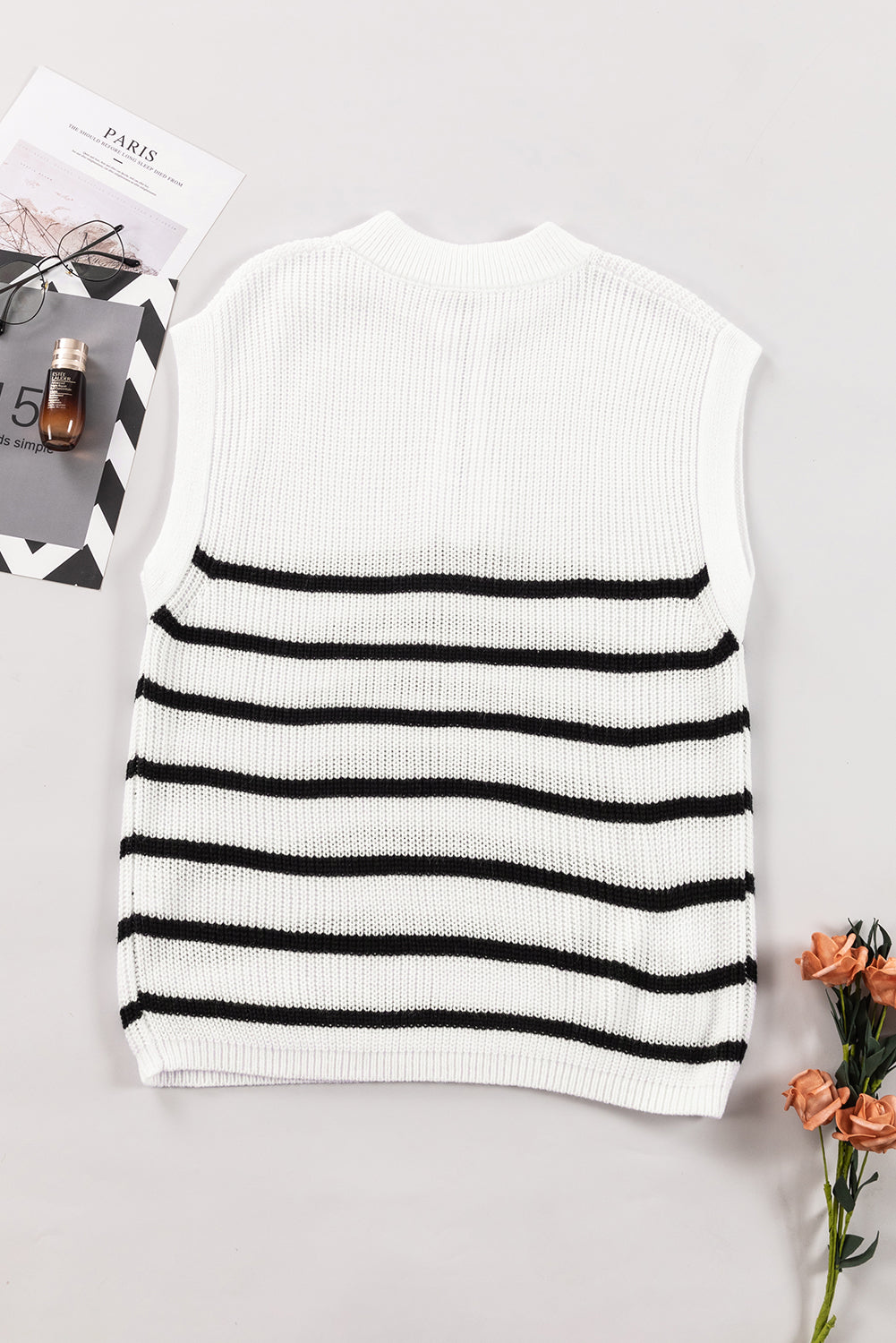 Half Zip Split Stand Neck Sweater T-Shirt | White Stripe