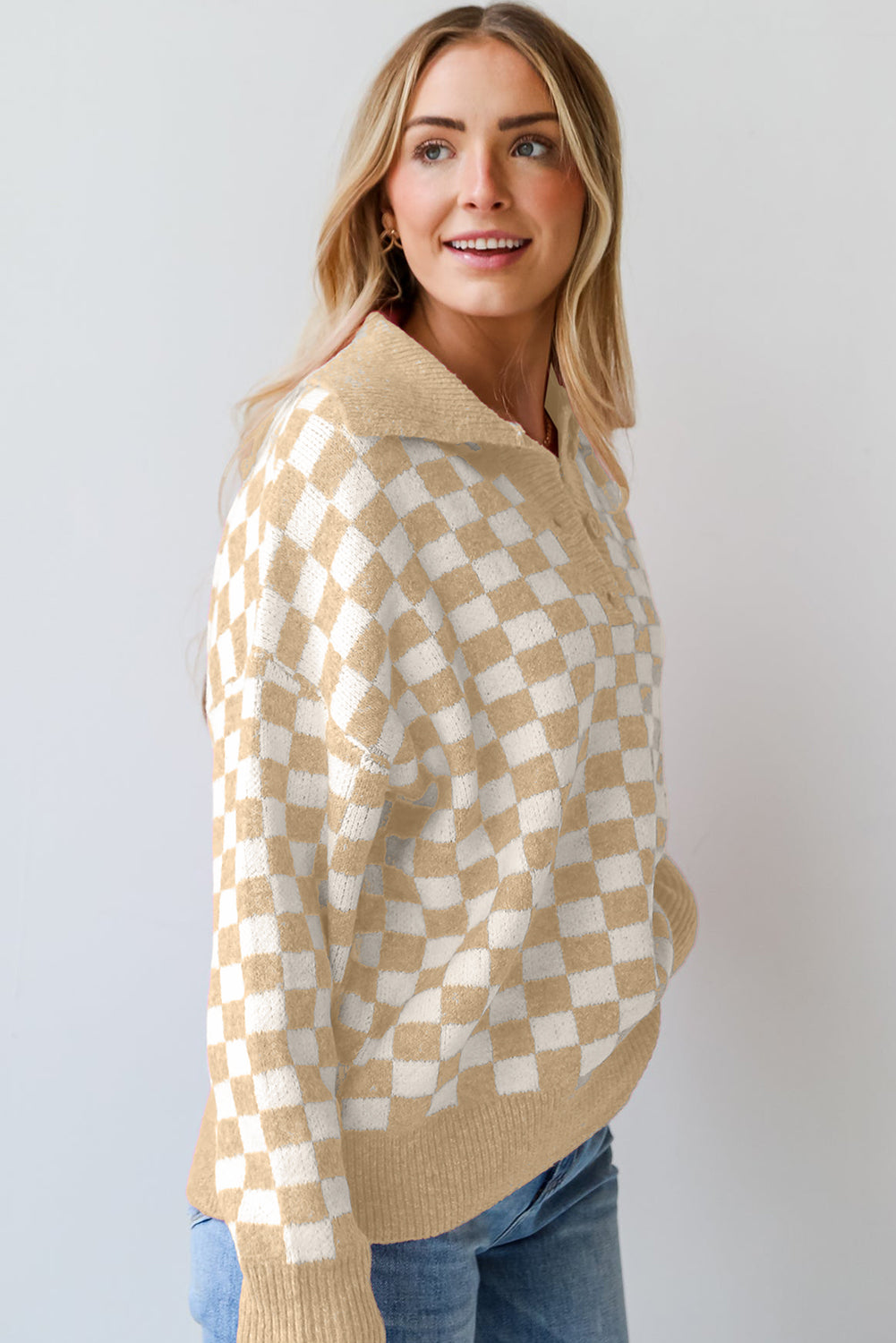 Checkered Buttons Collar V Neck Drop Shoulder Sweater | Apricot