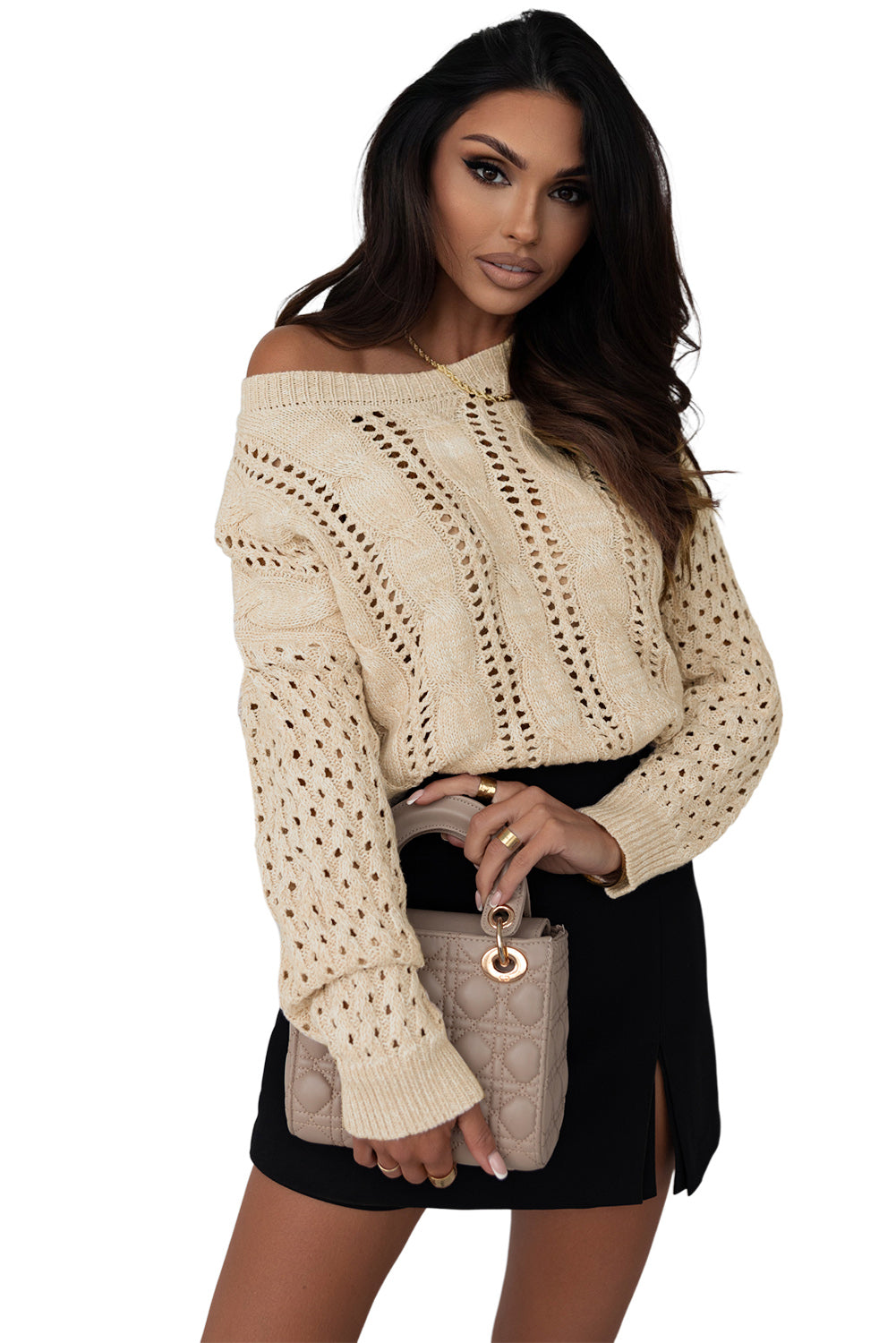 Eyelets Cable Knit Drop Shoulder Sweater | Khaki