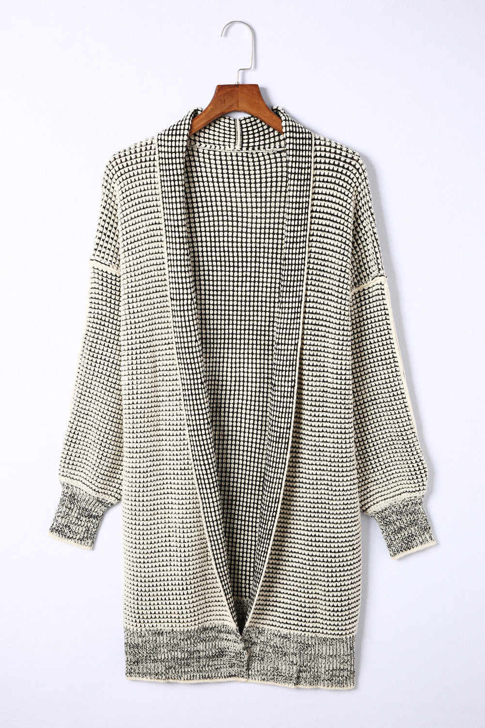 Plaid Knitted Long Open Front Cardigan | Apricot