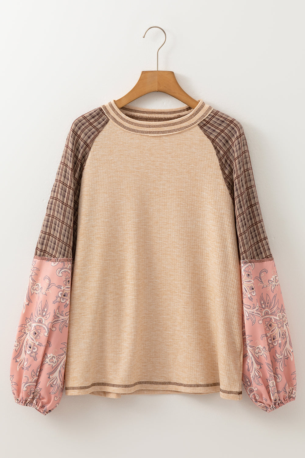 Mixed Print Raglan Sleeve Ribbed Knit Patchwork Blouse | Jet Stream