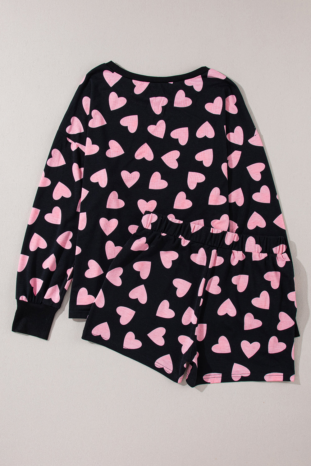 Valentine Heart Shape Print Long Sleeve Top Shorts Lounge Set | Black