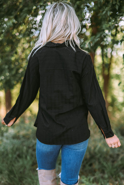 Textured Buttoned Pocket Long Sleeve Shirt | Black