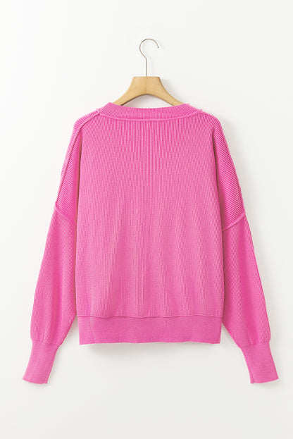 Ribbed Trim Drop Shoulder Baggy Sweater | Dark Pink