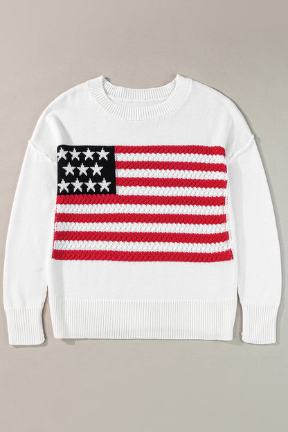 American Flag Cable Knit Drop Shoulder Sweater | White