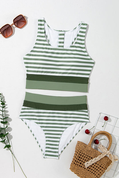 Zipped Cut Out Racer Back High Waisted Bikini | White Stripe