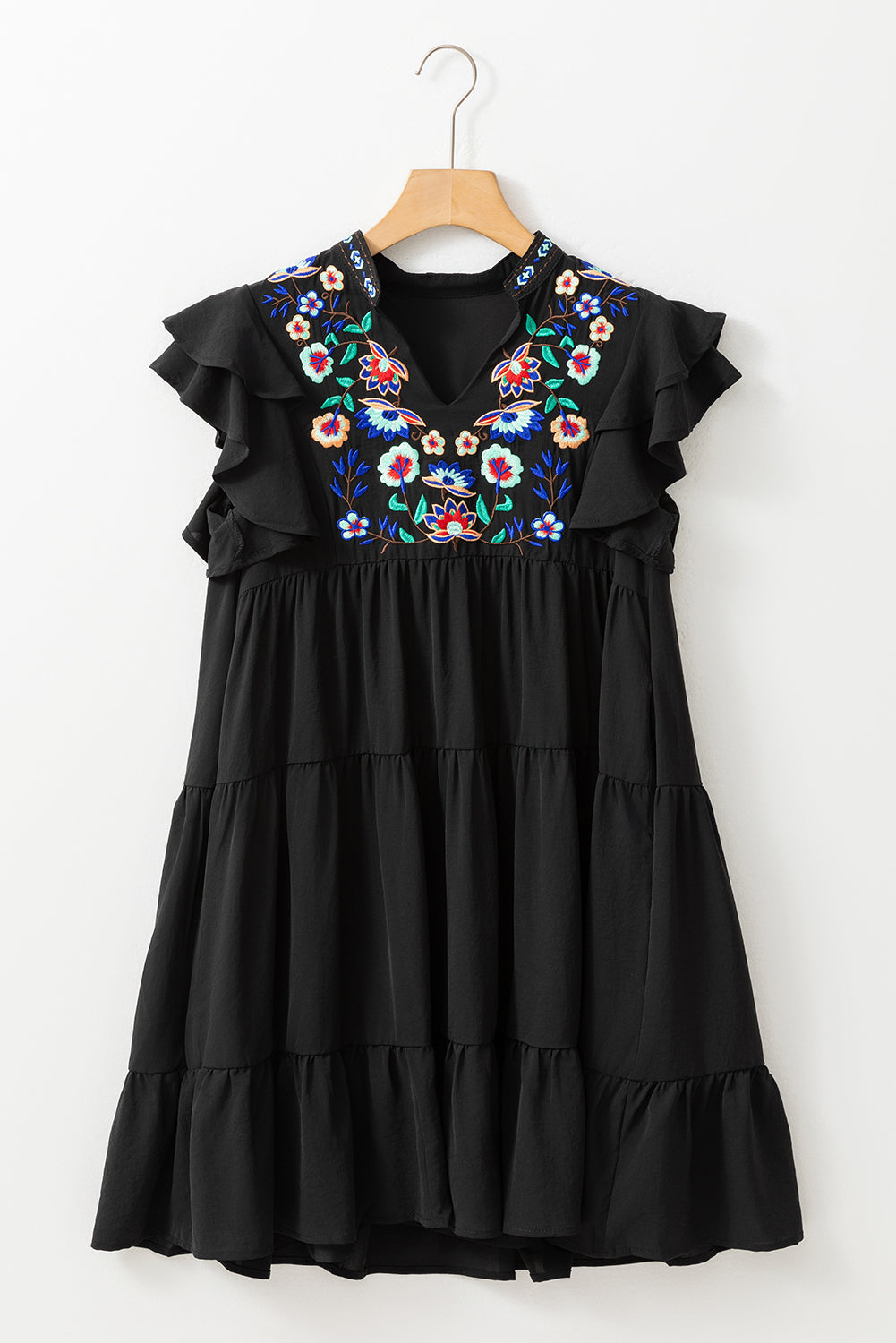 Floral Embroidered Tiered Ruffled Mini Dress | Black