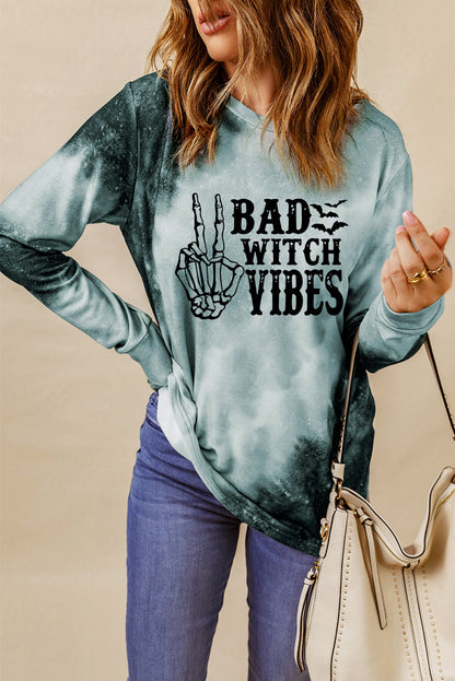 Tie Dye Bad Witch Vibes Graphic Long Sleeve Top | Gray