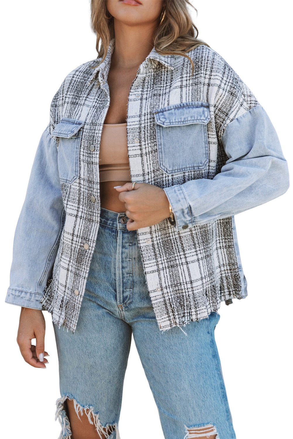 Plaid Patchwork Fringed Flap Pockets Denim Jacket | Sky Blue