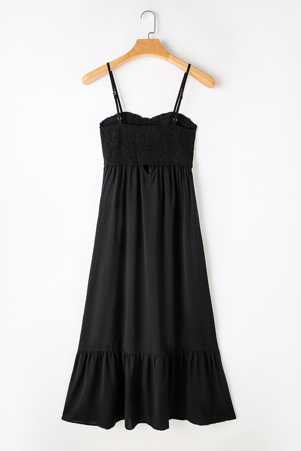 Spaghetti Straps Smocked Front Slit Buttoned Dress | Black