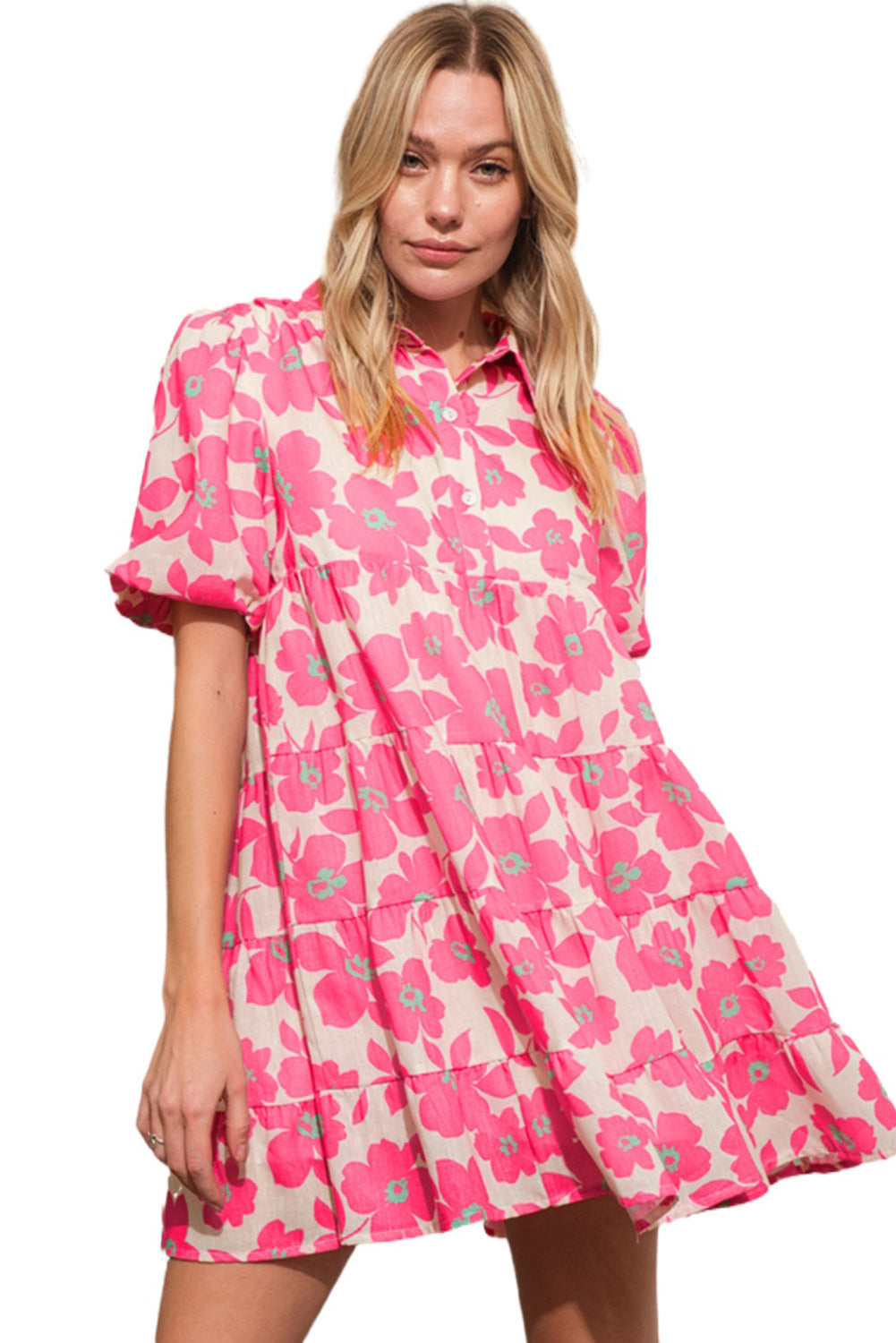 Floral Tiered Puff Sleeve Mini Shirt Dress | Pink